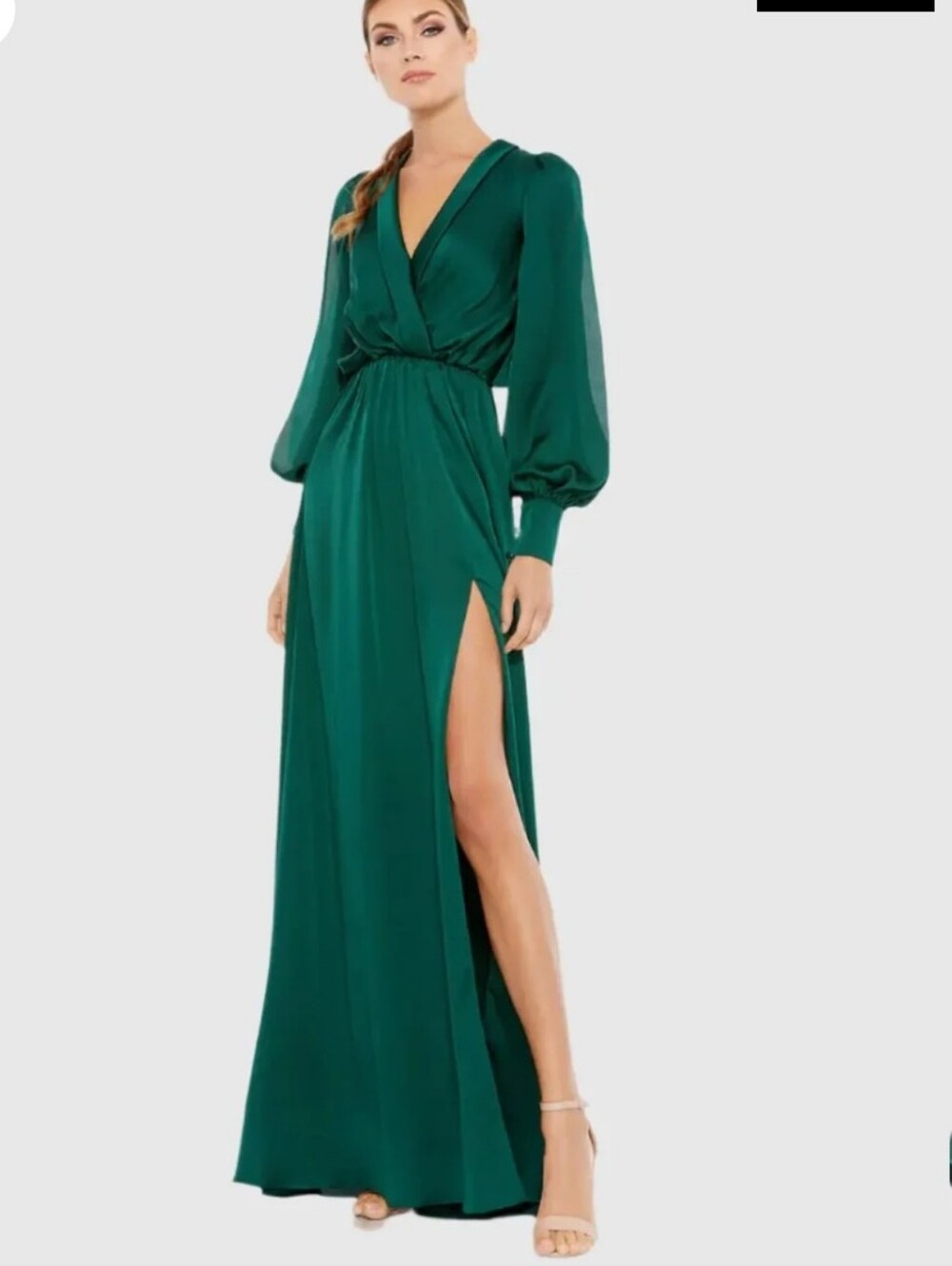 Mac Duggal Green Bishop Sleeve Faux Wrap Gown